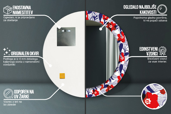 Bedrukte ronde spiegel Philodendron en rode bloemen