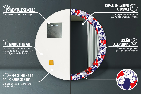 Bedrukte ronde spiegel Philodendron en rode bloemen