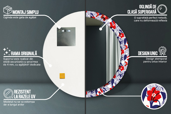 Bedrukte ronde spiegel Philodendron en rode bloemen