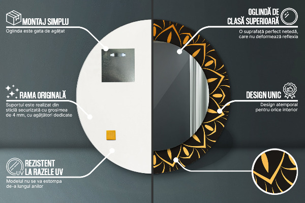 Ronde spiegel met bedrukte lijst Gouden mandala