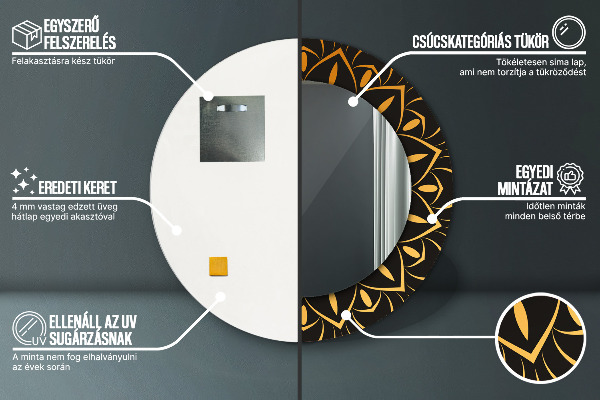 Ronde spiegel met bedrukte lijst Gouden mandala