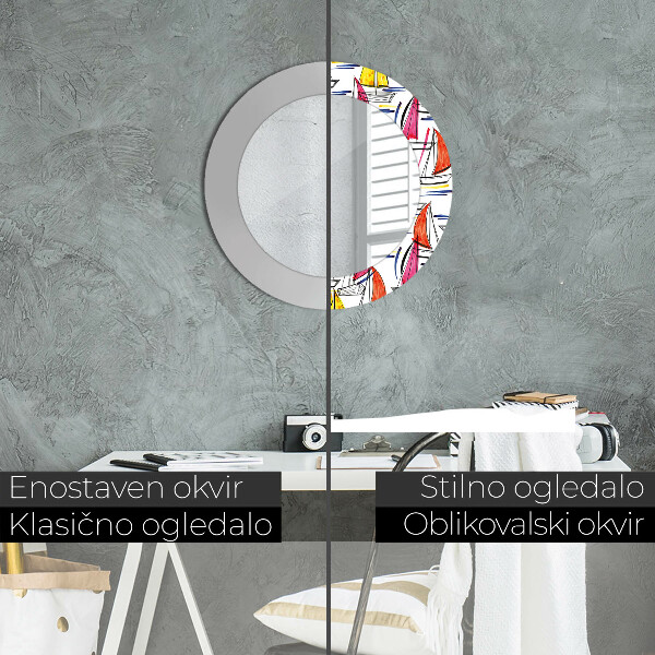 Ronde spiegel met bedrukte lijst Boot op het meer