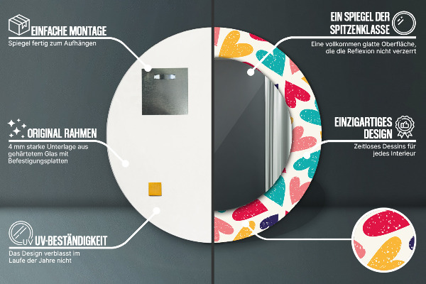 Ronde wandspiegel met print Kleurrijke harten