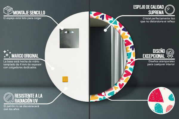 Ronde wandspiegel met print Kleurrijke harten
