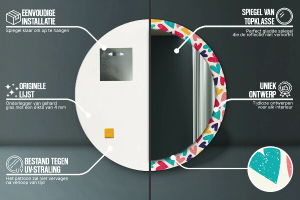 Ronde wandspiegel met print Kleurrijke harten