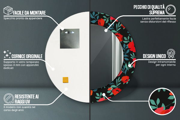 Ronde spiegel met decoratie rode klaproos