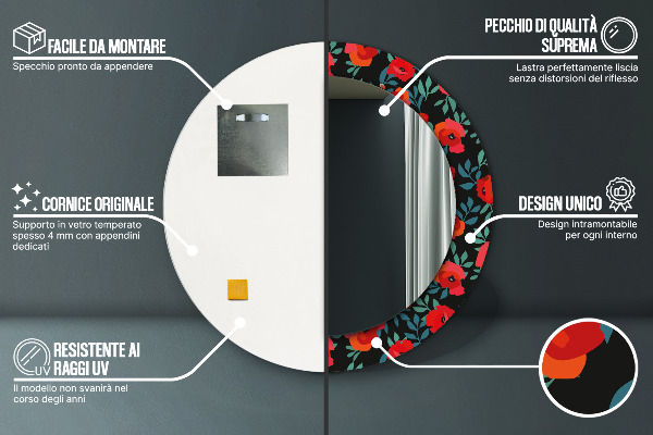 Ronde spiegel met decoratie rode klaproos