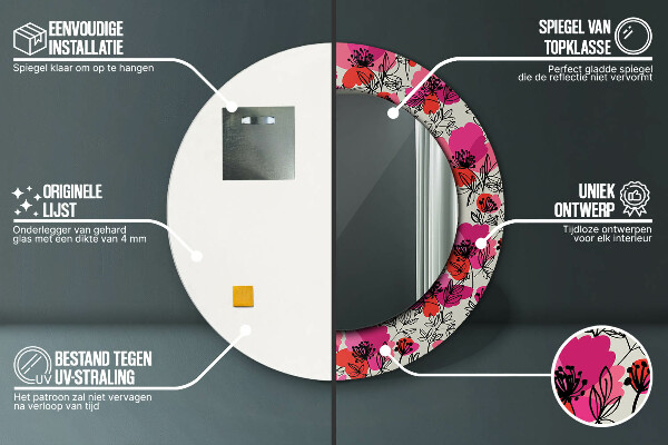 Bedrukte ronde spiegel Roze klaprozen