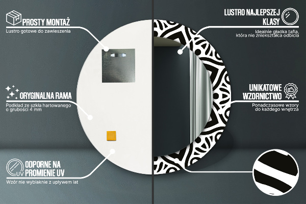 Ronde wandspiegel met print Zwart geometrisch ornament