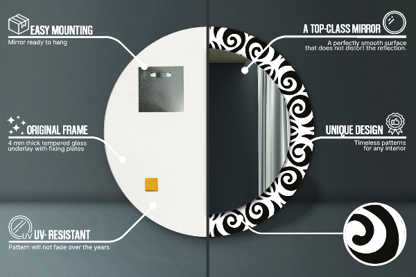 Ronde wandspiegel met print Zwart geometrisch ornament