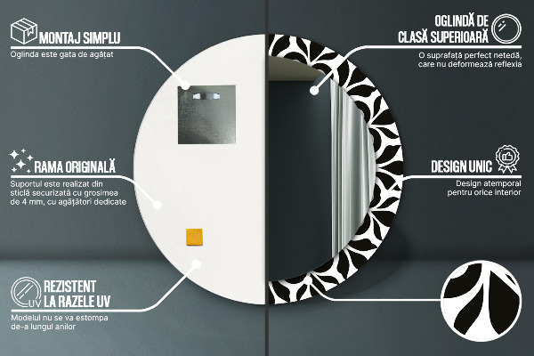 Ronde wandspiegel met print Zwart geometrisch ornament