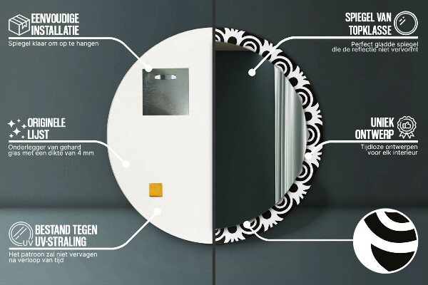 Ronde wandspiegel met print Zwart geometrisch ornament