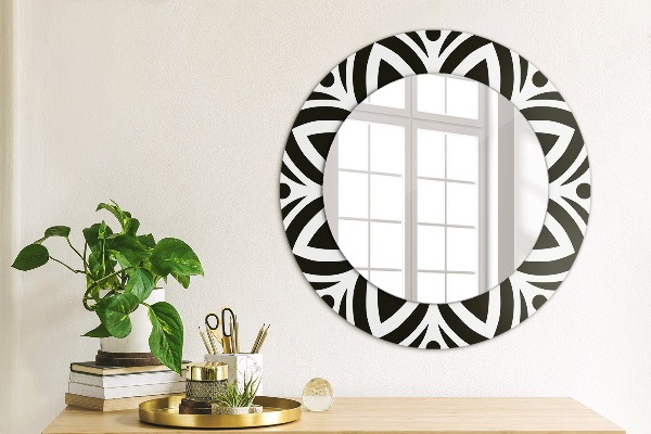 Ronde wandspiegel met print Zwart geometrisch ornament