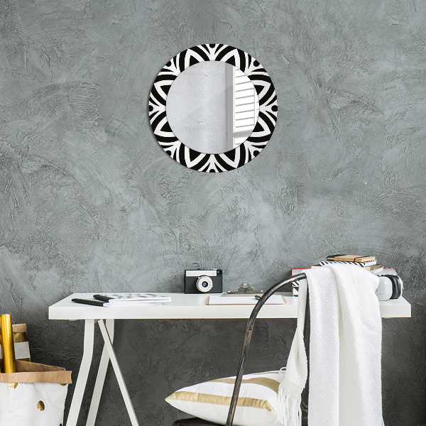 Ronde wandspiegel met print Zwart geometrisch ornament