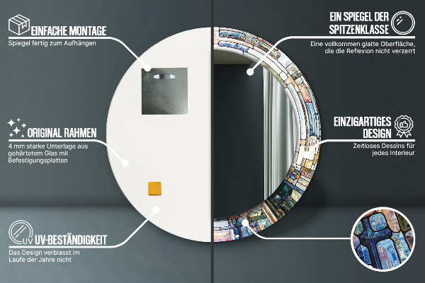 Ronde wandspiegel met print Abstract glas in lood