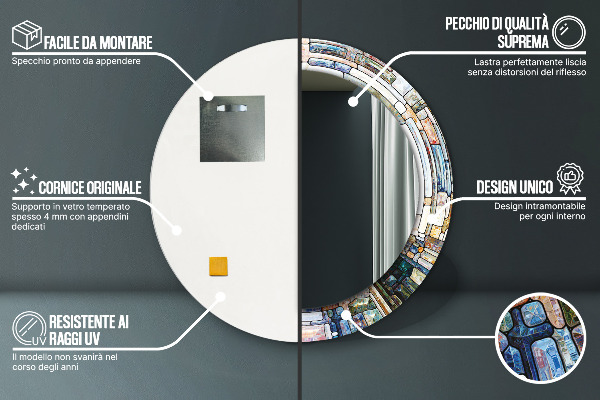 Ronde wandspiegel met print Abstract glas in lood