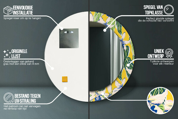 Bedrukte ronde spiegel Blauwe en gele orchideeën