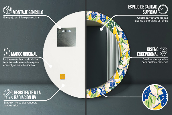 Bedrukte ronde spiegel Blauwe en gele orchideeën