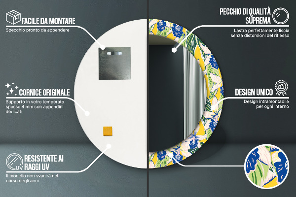 Bedrukte ronde spiegel Blauwe en gele orchideeën