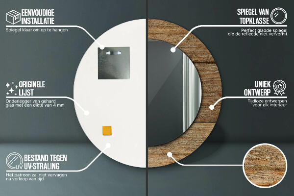 Ronde wandspiegel met print Oud hout