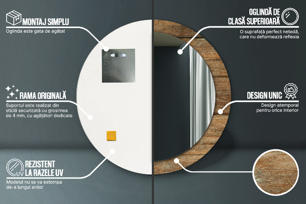Ronde wandspiegel met print Oud hout