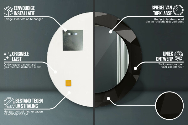 Ronde wandspiegel met print Abstract zwart