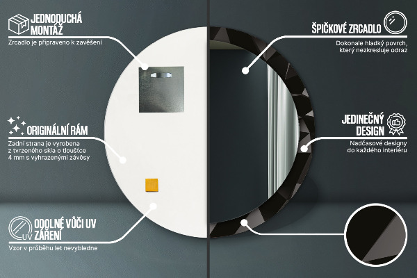Ronde wandspiegel met print Abstract zwart