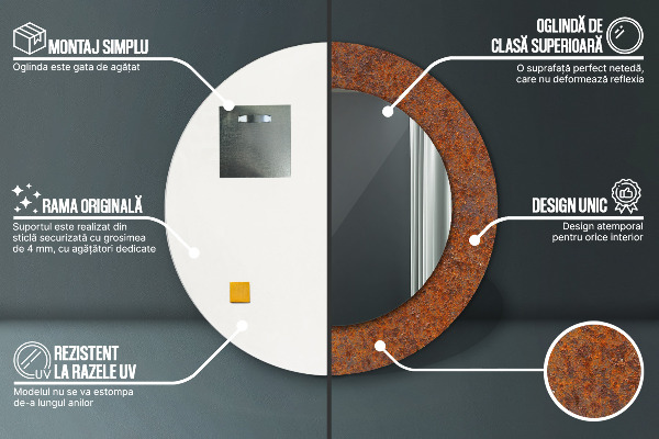 Ronde spiegel met bedrukte lijst Roestig metaal