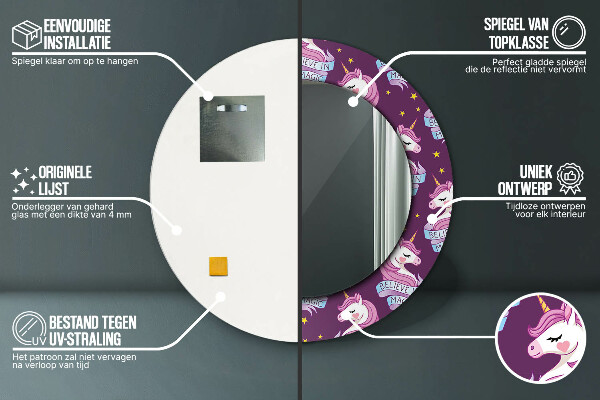 Bedrukte ronde spiegel Eenhoorn sterren