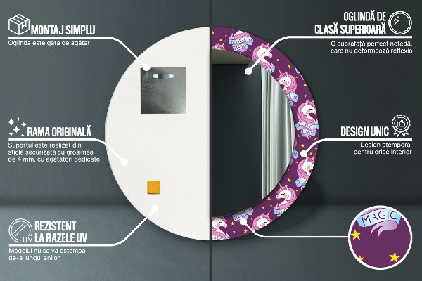 Bedrukte ronde spiegel Eenhoorn sterren