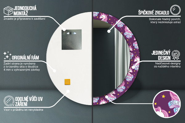 Bedrukte ronde spiegel Eenhoorn sterren