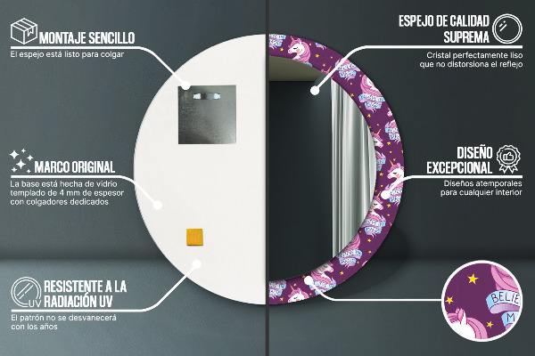 Bedrukte ronde spiegel Eenhoorn sterren