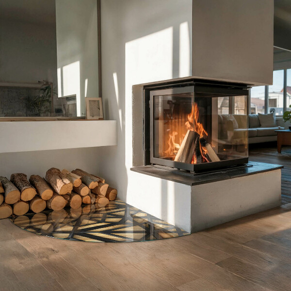 Vloerplaat voor houtkachel Geometrie met hout