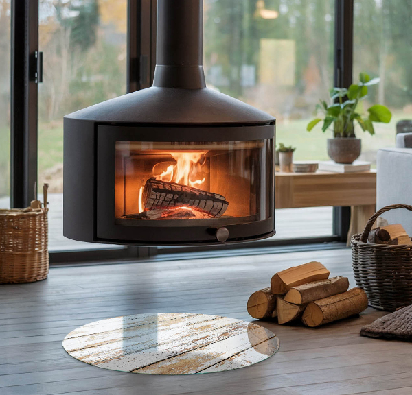 Ronde plaat voor onder houtkachel Beschadigd houten bord