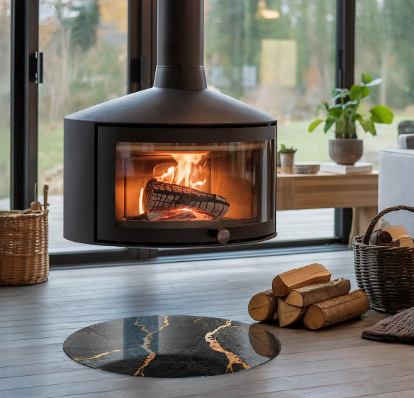 Ronde plaat voor onder houtkachel Elegant marmer met aderen