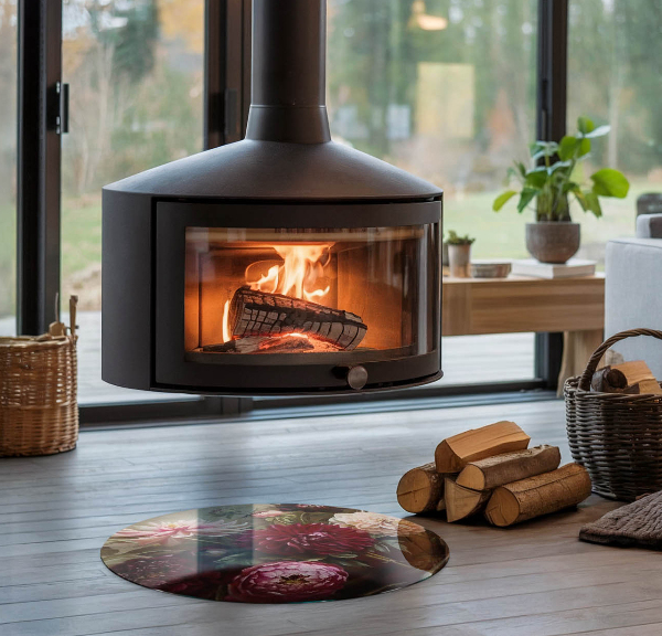 Ronde plaat voor onder houtkachel Bloemenboeket in detail