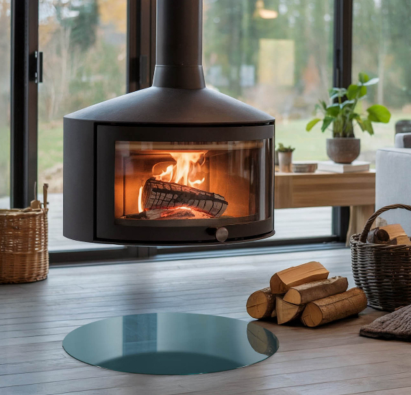 Ronde plaat onder houtkachel Zeekleur