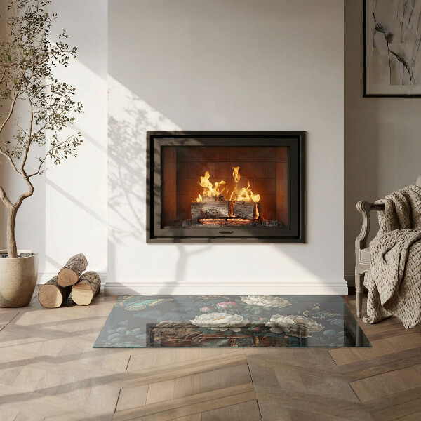 Rechthoekige vloerplaat voor houtkachel Bloemenpatroon met vlinders