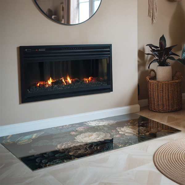 Rechthoekige vloerplaat voor houtkachel Bloemenpatroon met vlinders