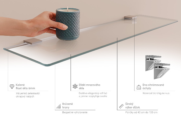 Semitransparante badkamerplanchet van gehard glas van 45 bij 13 cm