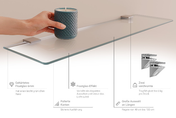 Semitransparante zwevende glazen wandplank van 70 bij 13 cm