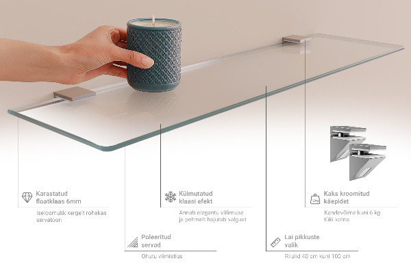 Semitransparante badkamerplanchet van gehard glas van 90x13 cm