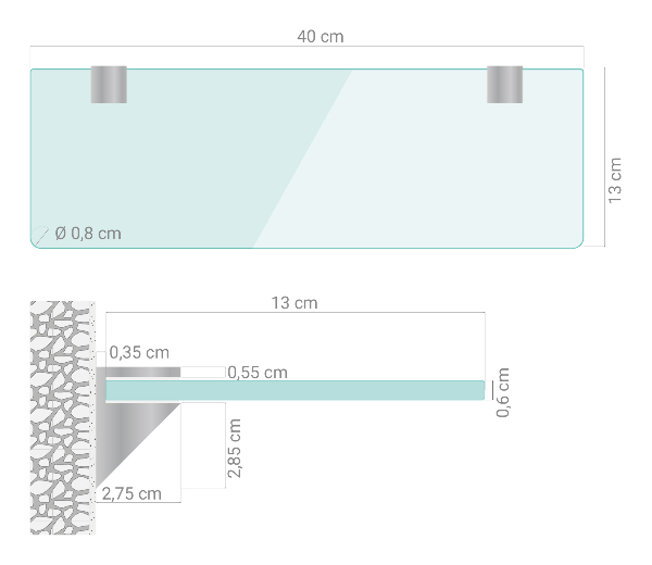 Glazen planchet voor de badkamer 40x13 cm