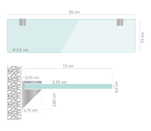 Spiegelplanchet van glas 50x13 cm