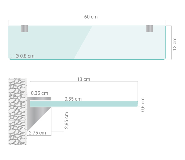 Zwevende glazen wandplank 60x13 cm